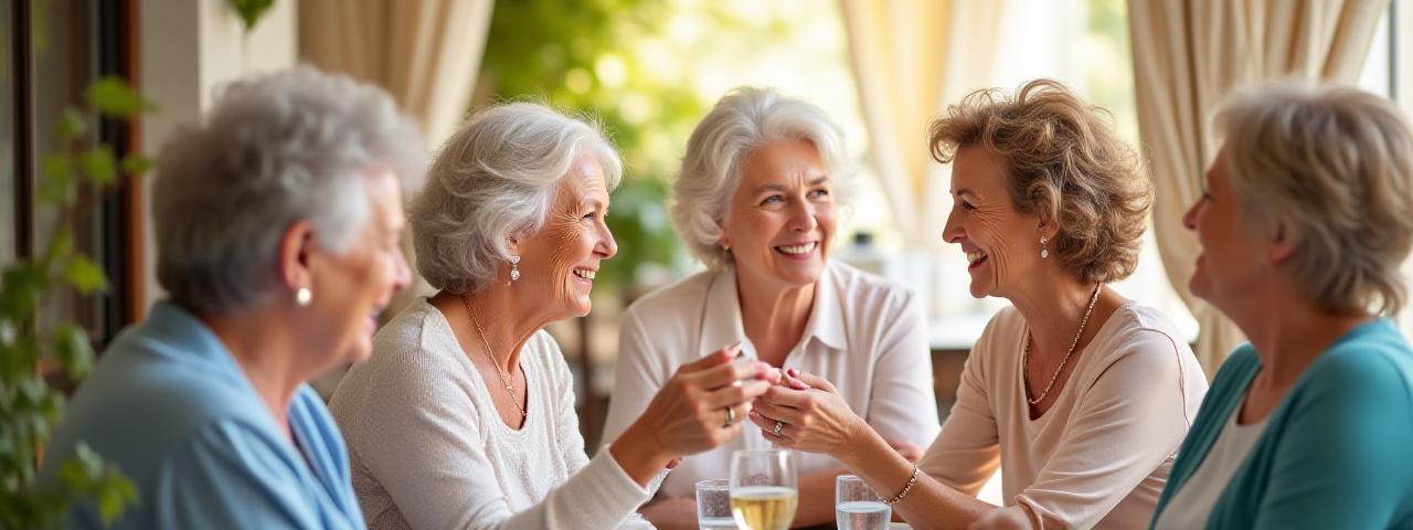 Gruppo di donne mature sorridenti che conversano animatamente in un ambiente accogliente