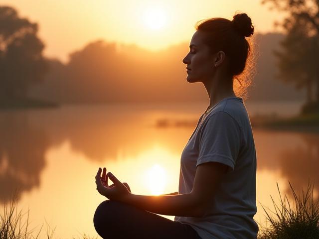 Donna serena che medita al tramonto, immagine evocativa per la salute mentale.