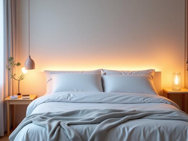 Camera da letto accogliente con lenzuola bianche e luce soffusa, simbolo del sonno riparatore.