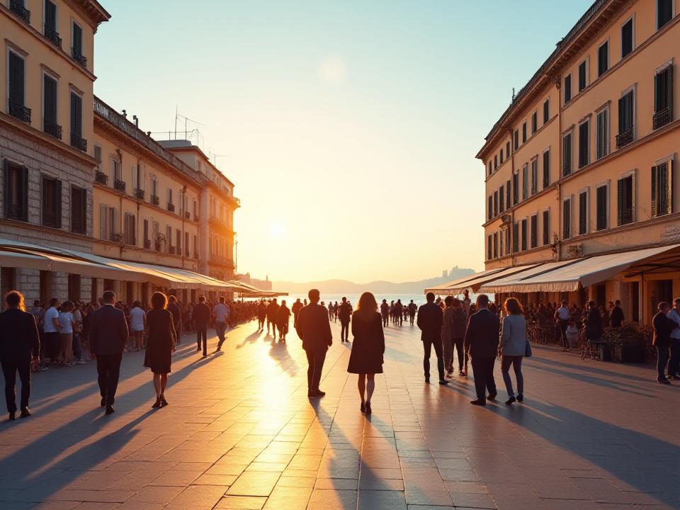 Vista panoramica di Piazza Unità d'Italia a Trieste al tramonto, con il mare calmo e gli edifici storici illuminati.