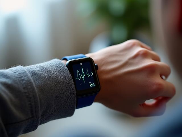 Uno smartwatch al polso che mostra un grafico dell'elettrocardiogramma (ECG) su uno sfondo sereno.