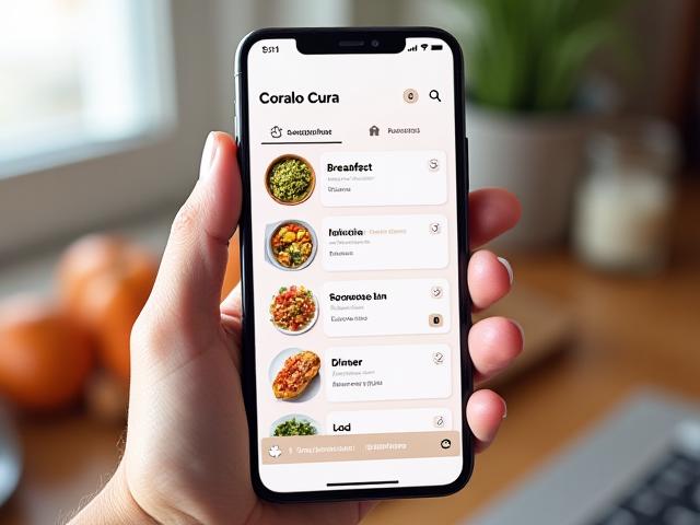 Schermata dell'app Corallo Cura che mostra un piano nutrizionale giornaliero. Sono visibili icone per colazione, pranzo e cena, con opzioni di sostituzione e un'interfaccia utente pulita e intuitiva.