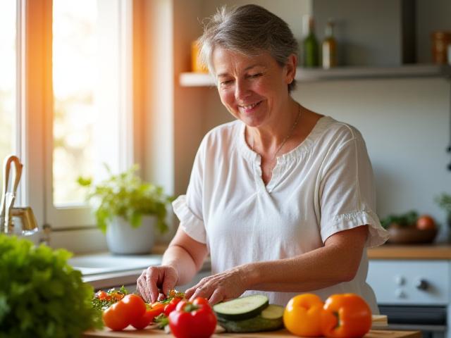 Donna di 40 anni che prepara un pasto sano e colorato in una cucina moderna e luminosa, con un'espressione serena e felice mentre affetta verdure fresche.