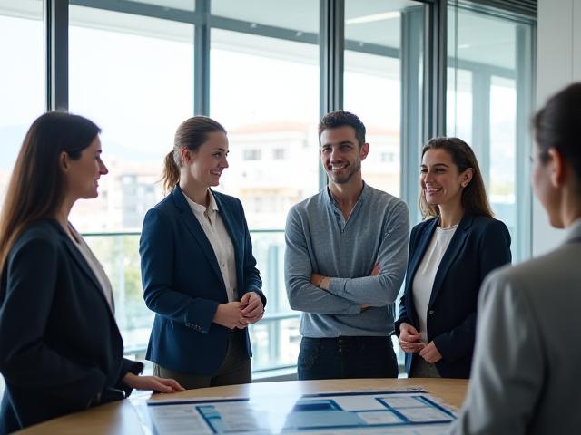 Team di Corallo Cura che lavora in un ufficio moderno e luminoso con vista sulla città di Trieste.
