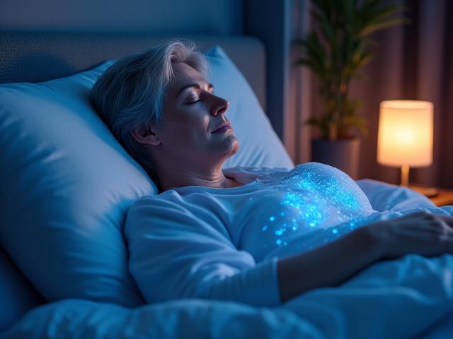 Persona rilassata che dorme profondamente, con icone di biometrie del sonno sovrapposte.