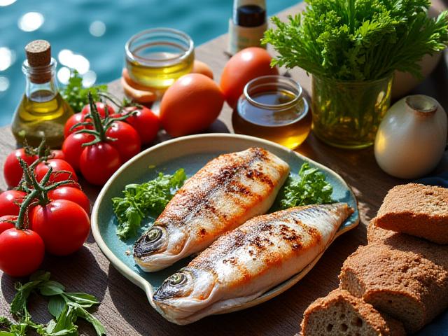 Tavola imbandita con ingredienti freschi della dieta mediterranea: olive, pomodori, pesce, verdure.