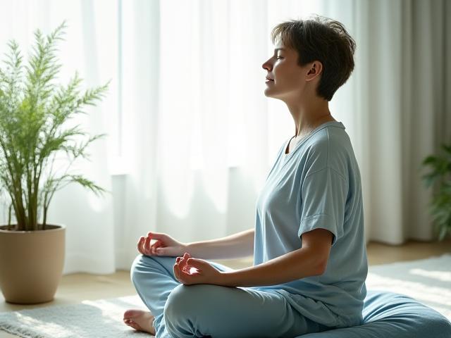 Donna in posizione meditativa in un ambiente sereno con foglie autunnali e luce soffusa.