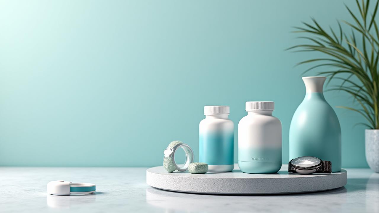 Composizione di prodotti wellness: un anello smart, integratori dal design pulito, uno smartwatch e un diffusore di aromi.