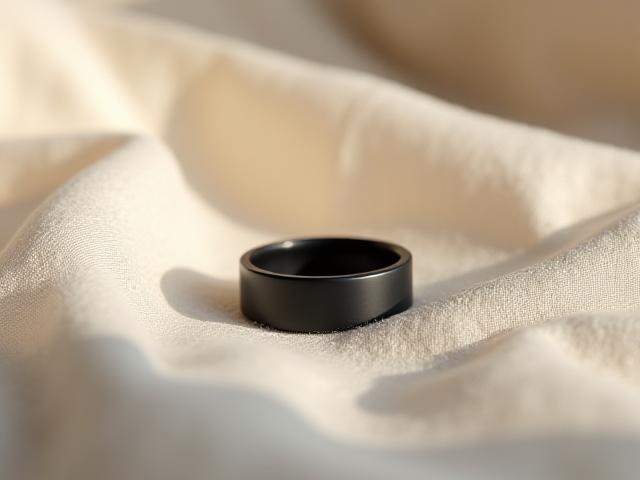 Anello Oura Gen3 nero opaco su un letto di tessuti morbidi.