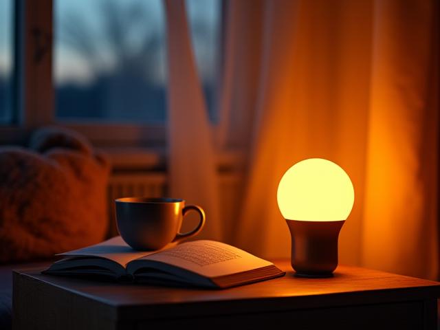 Lampadina Philips Hue accesa che emette luce soffusa in un ambiente moderno.